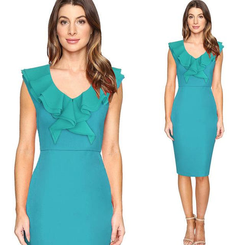 Image of Ruffles Vintage Retro Summer Slim Business Casual Party Dress