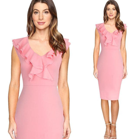 Image of Ruffles Vintage Retro Summer Slim Business Casual Party Dress