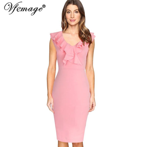 Image of Ruffles Vintage Retro Summer Slim Business Casual Party Dress