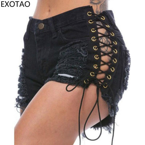 Image of Summer Solid Lacing Women Denim Shorts