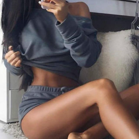 Image of Two Pieces Slash Neck Hoodies Tops Cotton Drawstring Shorts