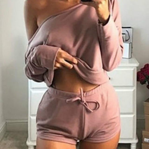 Image of Two Pieces Slash Neck Hoodies Tops Cotton Drawstring Shorts