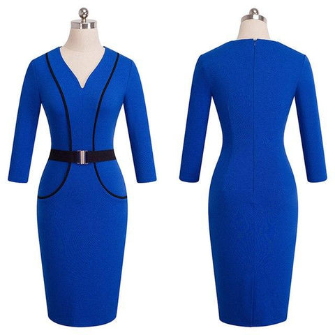 Image of V Neck Bodycon Belted Royal Blue Semi Formal Dress