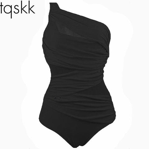 Image of One Piece Beachwear Mesh One Shoulder Swimwear Bathing Suits