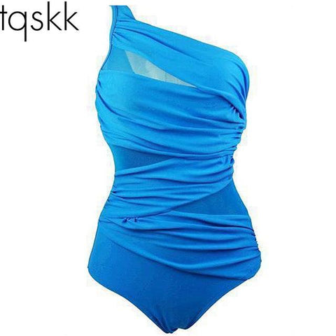 Image of One Piece Beachwear Mesh One Shoulder Swimwear Bathing Suits