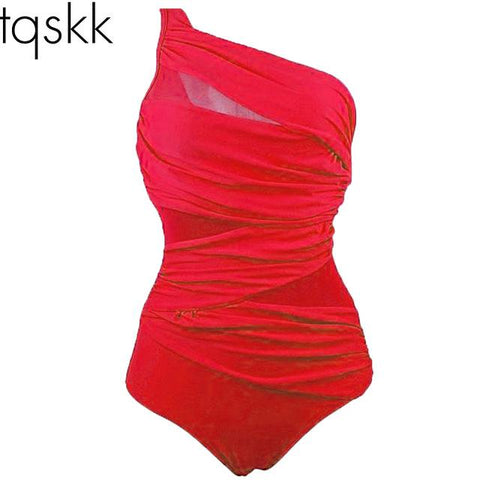 Image of One Piece Beachwear Mesh One Shoulder Swimwear Bathing Suits