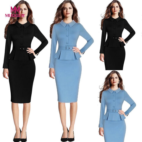 Image of Turn-Down Neck Ladies Work Office Pencil Sheath Formal Dress