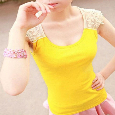 Image of Patchwork Lace Solid Color Sleeveless Tanks Tops