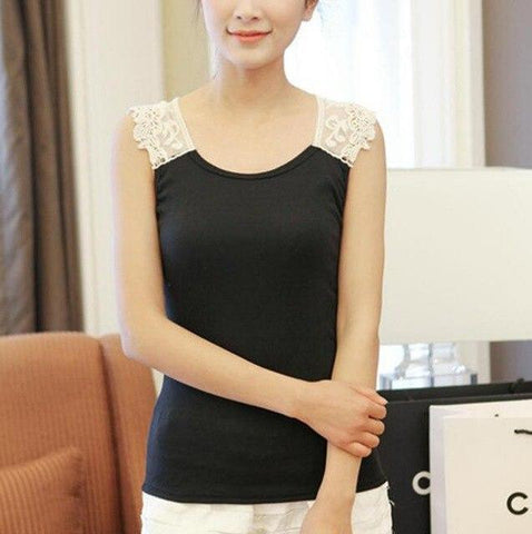 Image of Patchwork Lace Solid Color Sleeveless Tanks Tops