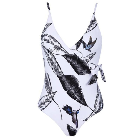 Image of One Piece Leaf Print Backless Swimming Suit