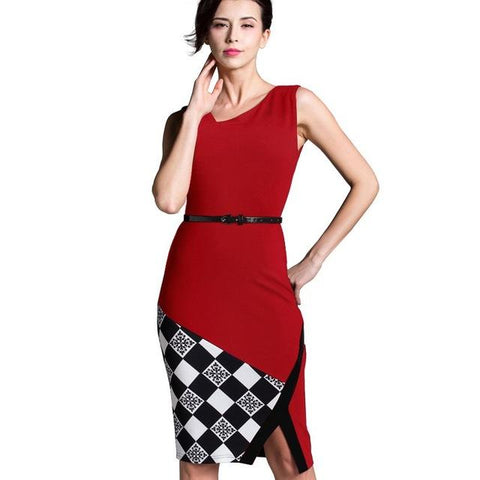 Image of Summer Formal Work Knee-Length Belted Black Grid Casual Dresse