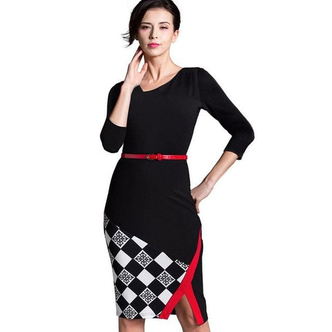 Image of Summer Formal Work Knee-Length Belted Black Grid Casual Dresse