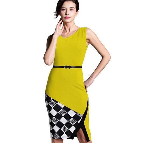 Image of Summer Formal Work Knee-Length Belted Black Grid Casual Dresse