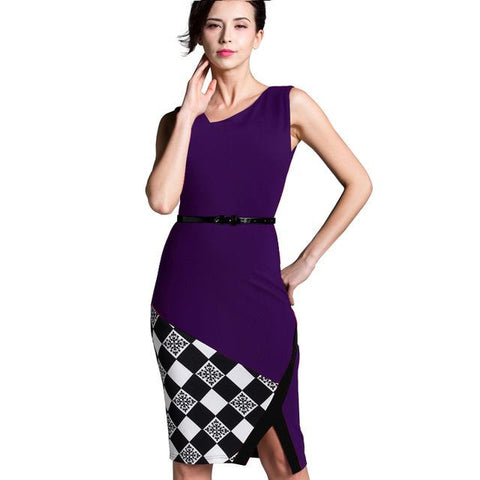 Image of Summer Formal Work Knee-Length Belted Black Grid Casual Dresse