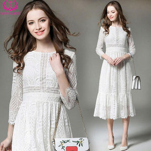 Sleeve Hollow Out White Lace Evening Party Midi Dress