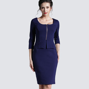 Zipper Casual 3/4 Sleeve Pencil Sheath Fitted Robe Office Bodycon Dress