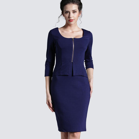 Image of Zipper Casual 3/4 Sleeve Pencil Sheath Fitted Robe Office Bodycon Dress