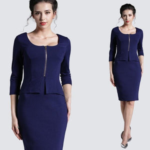 Zipper Casual 3/4 Sleeve Pencil Sheath Fitted Robe Office Bodycon Dress