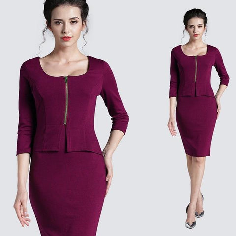 Image of Zipper Casual 3/4 Sleeve Pencil Sheath Fitted Robe Office Bodycon Dress