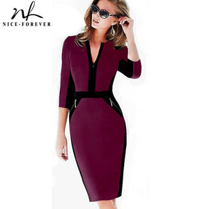 Zipper Plus Size Patchwork V neck Formal Business Dress