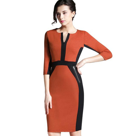 Image of Zipper Plus Size Patchwork V neck Formal Business Dress