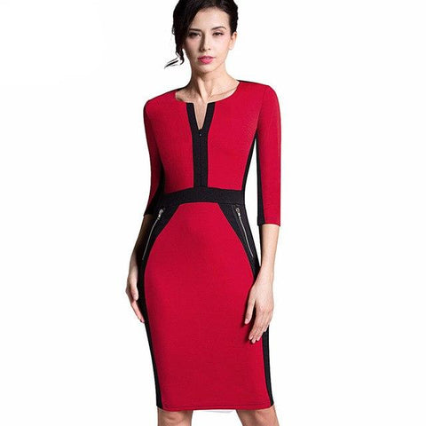 Image of Zipper Plus Size Patchwork V neck Formal Business Dress