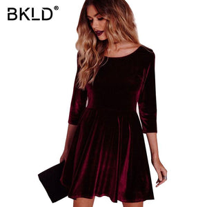 BKLD Autumn2018 Red Velvet A-line Dress Women Three Quarter Sleeve O-neck Dress Elegant Party Skater Dress Office Lady Work Wear