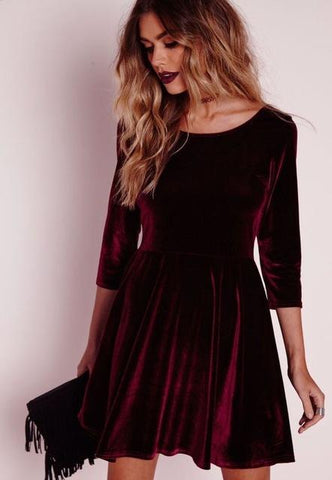 Image of BKLD Autumn2018 Red Velvet A-line Dress Women Three Quarter Sleeve O-neck Dress Elegant Party Skater Dress Office Lady Work Wear