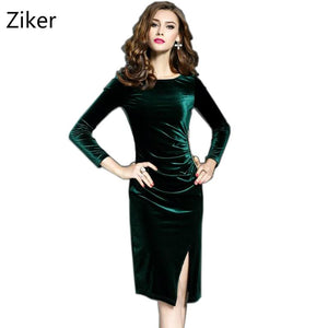 Winter Velvet Long Sleeve O-Neck Work Dress For Evening Party