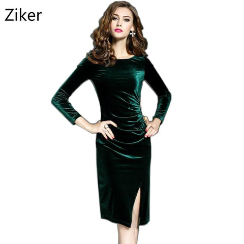 Image of Winter Velvet Long Sleeve O-Neck Work Dress For Evening Party