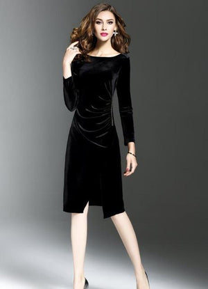 Winter Velvet Long Sleeve O-Neck Work Dress For Evening Party