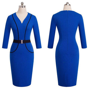 V Neck Bodycon Belted Royal Blue Semi Formal Dress