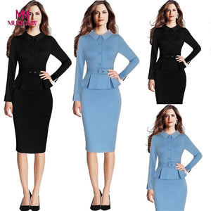 Turn-Down Neck Ladies Work Office Pencil Sheath Formal Dress