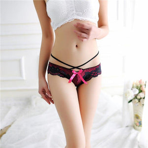 Cute bow cross bandage girls lingerie briefs hollow out lace sexy panties g string