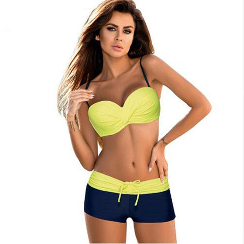 Image of Bikini Push Up Plus Size Swimwear Solid Patchwork Shorts Two-Pieces Swimming Bathing Suits