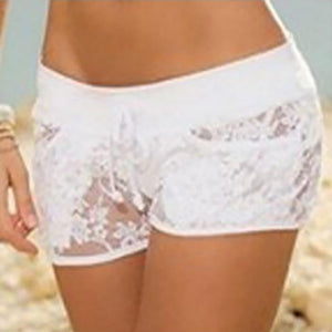 Sexy Lace Hollow Out Women's Shorts Drawstring Pocket Elastic