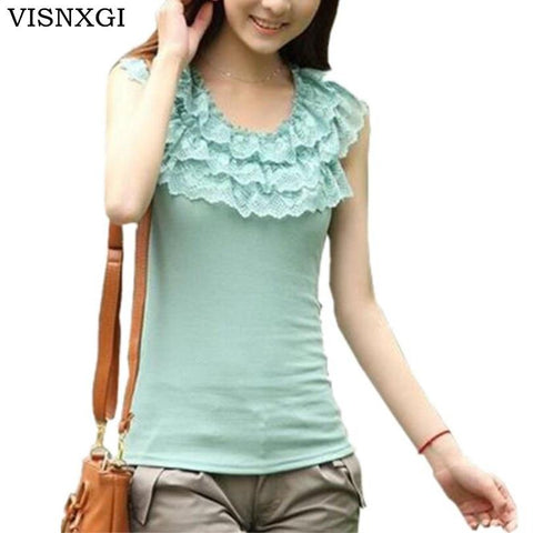 Image of Camisole Solid Three-Layers Lace Neck Tanks Tops