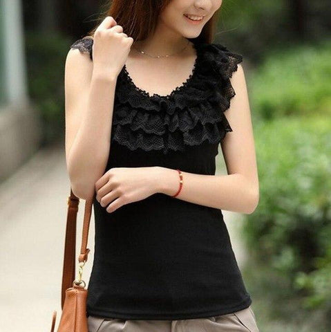 Image of Camisole Solid Three-Layers Lace Neck Tanks Tops