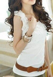 Image of Camisole Solid Three-Layers Lace Neck Tanks Tops