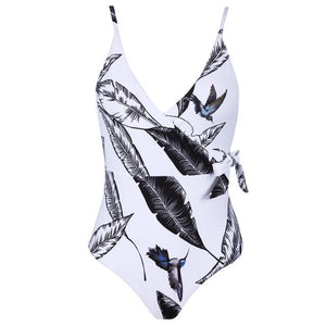 One Piece Leaf Print Backless Swimming Suit