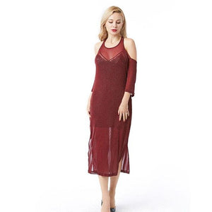 Wine red perspective Bodycon Half Sleeve Solid Pullover Stitching Dress