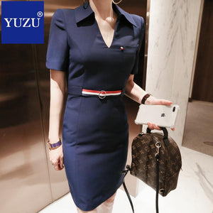 Work Elegant Office Short sleeve Turn-down Collar With Belt Dark Blue Summer Dress