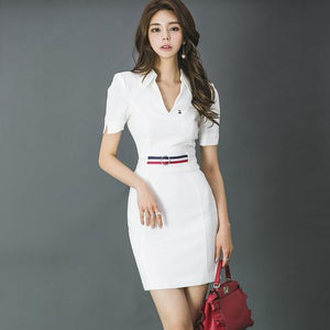 Work Elegant Office Short sleeve Turn-down Collar With Belt Dark Blue Summer Dress