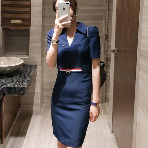 Image of Work Elegant Office Short sleeve Turn-down Collar With Belt Dark Blue Summer Dress