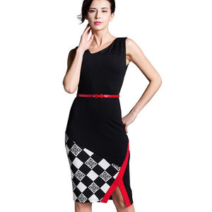 Summer Formal Work Knee-Length Belted Black Grid Casual Dresse